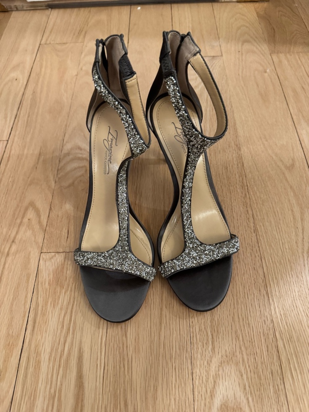Vince camuto dark Silver Glitter T-Strap Heels